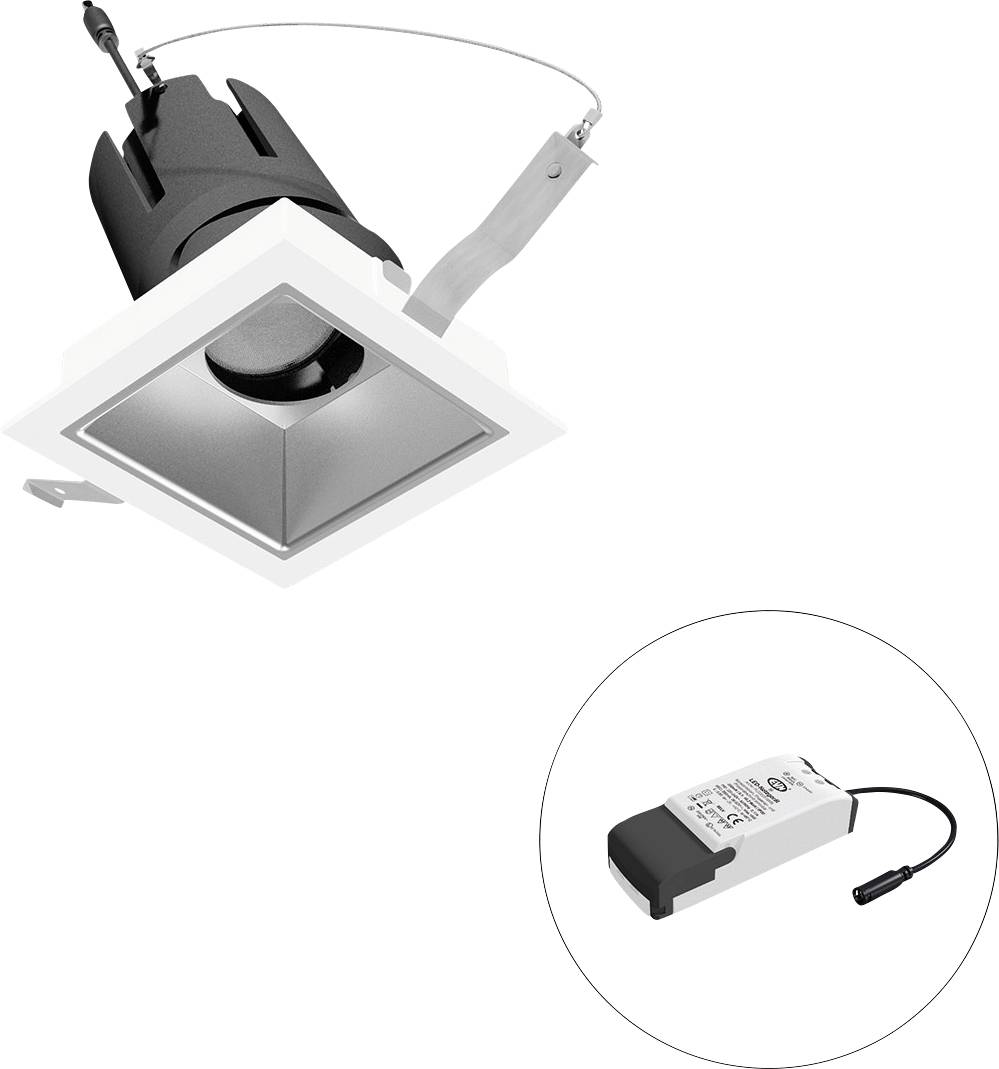 Quadratische LED-Einbauleuchte mit schwarzem Innenreflektor und weißem Außenrahmen. Daneben ein rundes Bild eines weißen Stromtreibers.