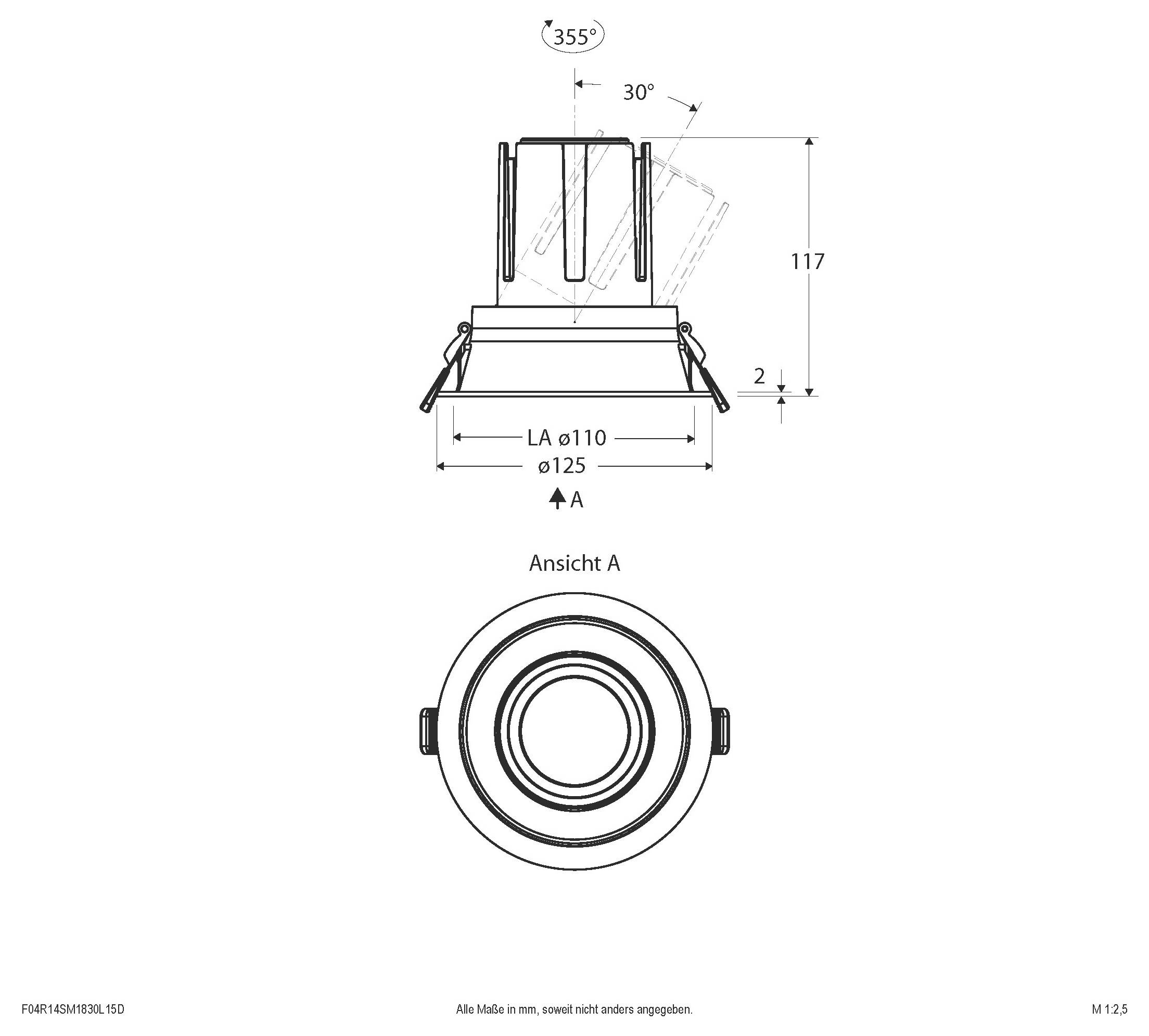 Technische Zeichnung einer kreisförmigen eingelassenen Leuchte mit Seitenklemmen, zeigt Front- und Draufsicht mit Maßen 355°, 30°, 117, 2, LA Ø110 und Ø125.
