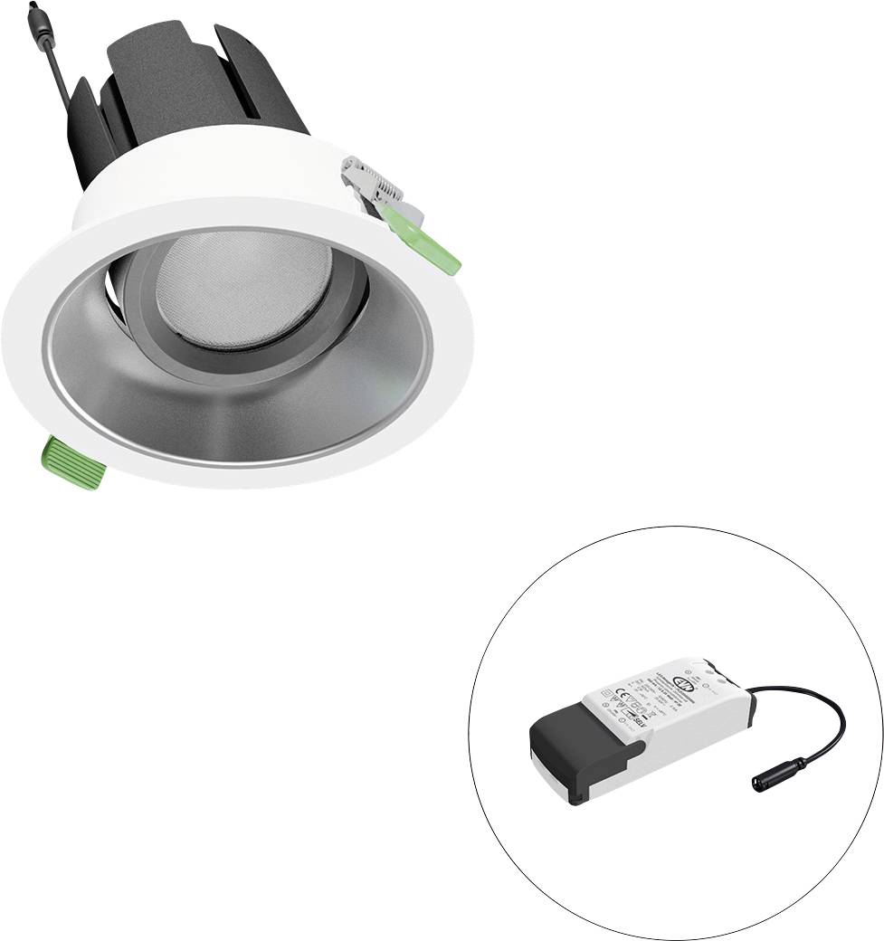 Eingebauter LED-Deckeneinbauspot mit weißem Rahmen und integriertem Treiber, gezeigt in einem Einfügungskreis.