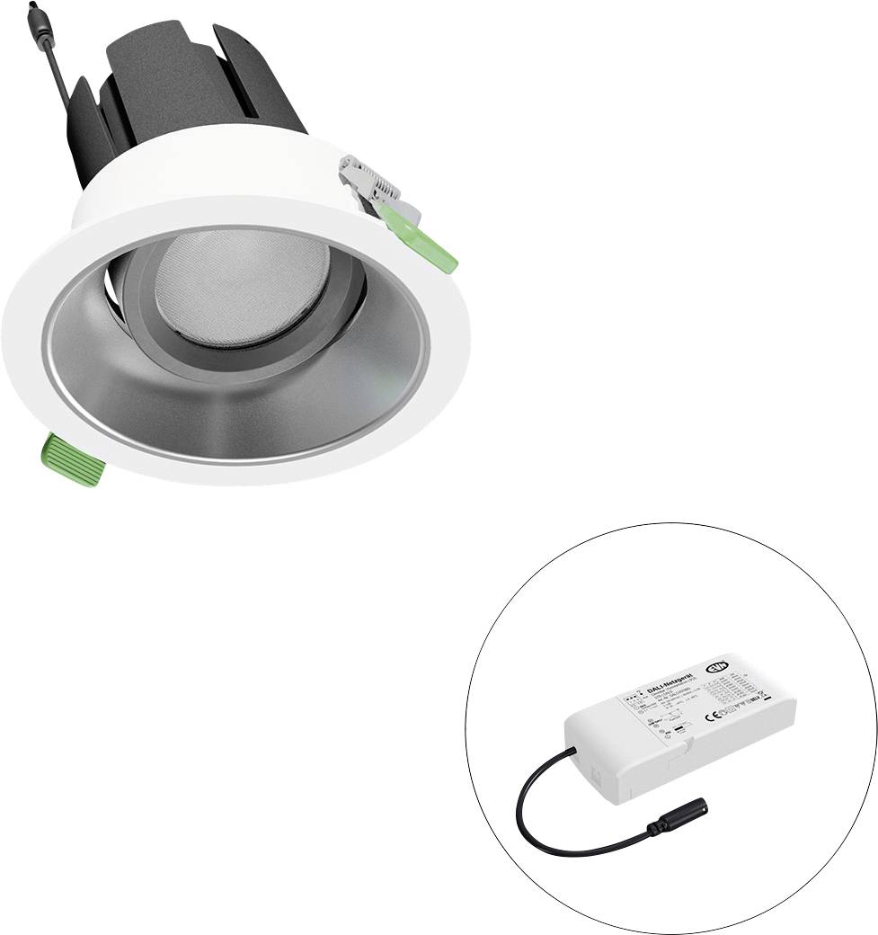 Eingelassene LED-Deckenleuchte mit weißem Rahmen und grünen Federklammern, gezeigt mit ihrem externen Stromversorgungsgerät in einem Insetkreis.