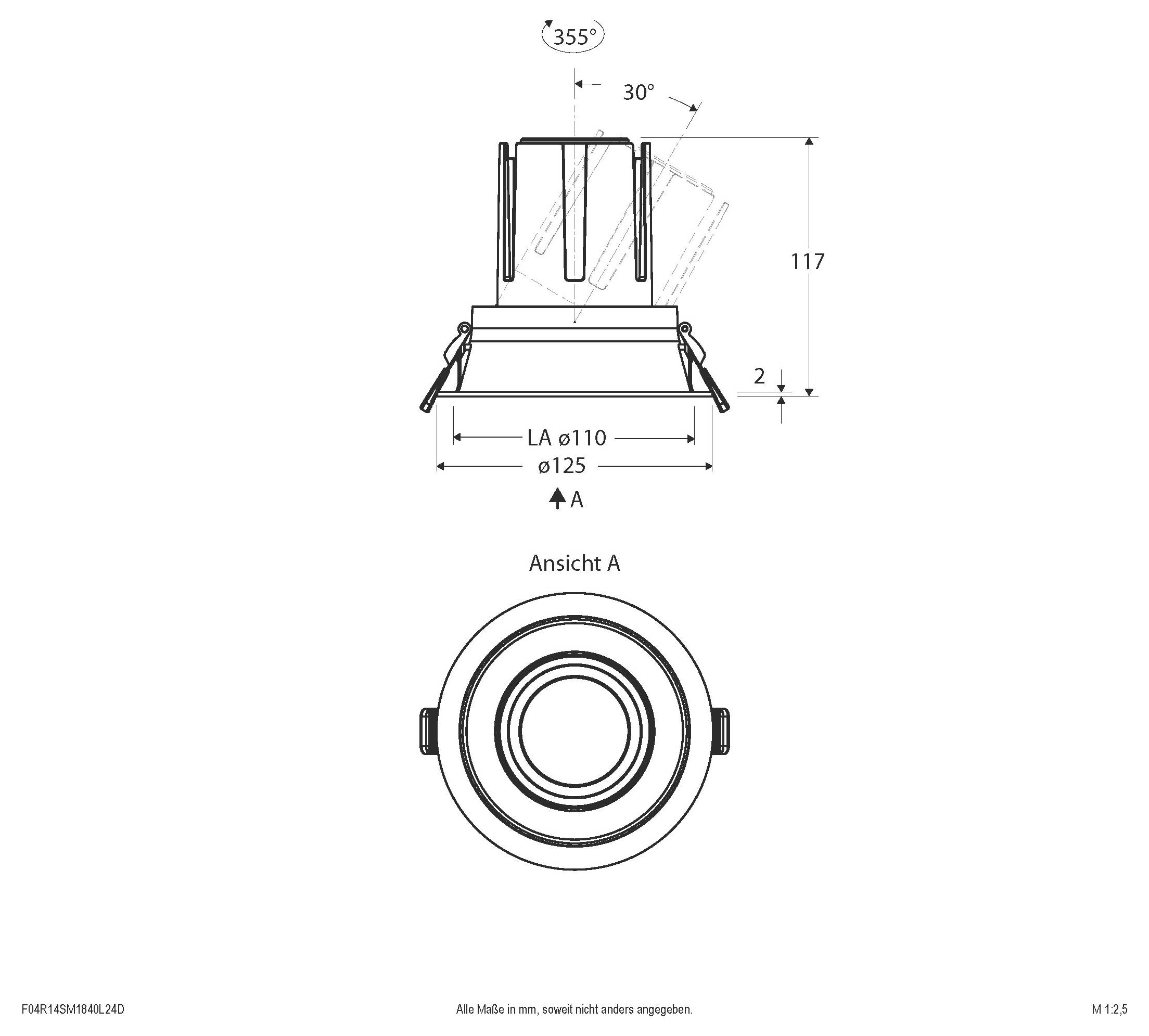 Technische Zeichnung einer runden, eingelassenen Leuchte mit Seiten- und Vorderansicht, die Abmessungen zeigt, einschließlich 355°, 30°, 117, 'LA ø110' und 'ø125'.