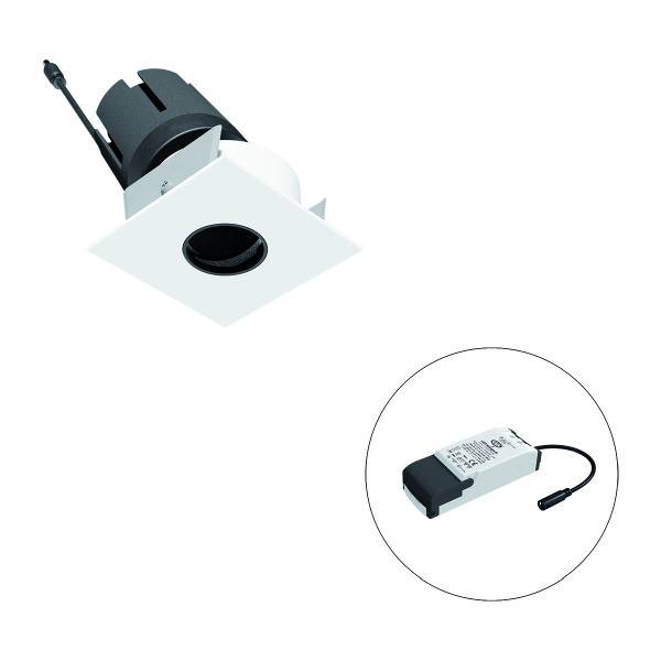 Einbauleuchte schwarz-weiß neben Treiber. Ideal für moderne Innenraumbeleuchtung. Quadratisch, schlichtes Design.