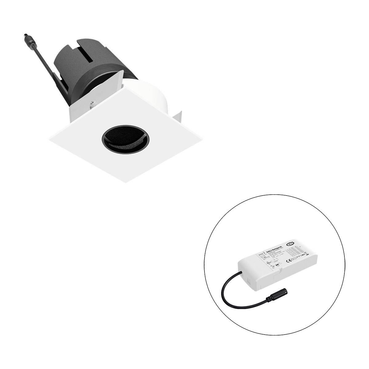 Einbau-LED-Leuchte mit rechteckigem Rahmen und rundem Innenring, inklusive externem LED-Treiber mit Anschlusskabel.