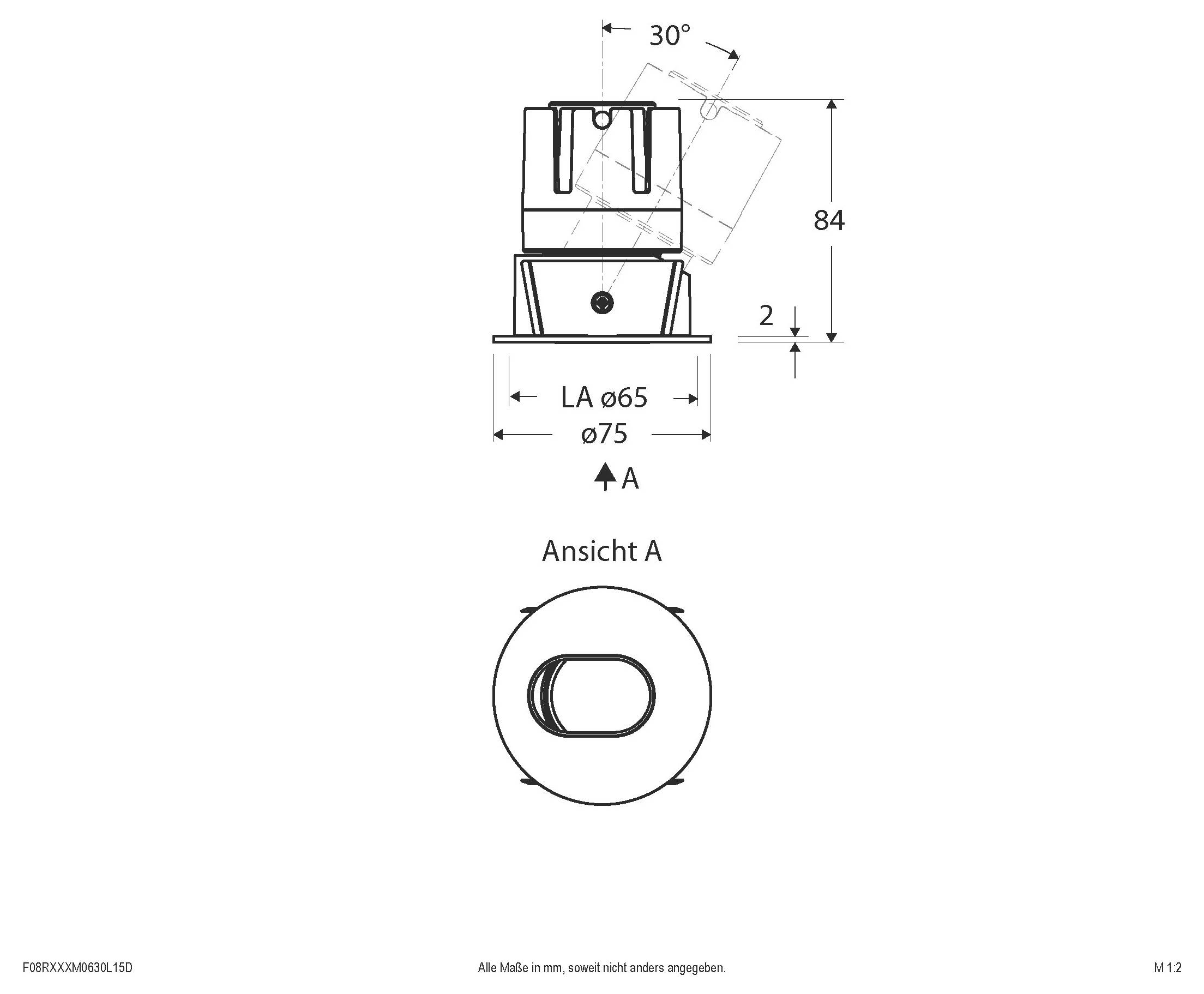 Technische Maßzeichnung eines zylindrischen Teils mit Seitenansicht und Draufsicht, mit einem Winkel von 30°, einer Höhe von 84 mm, Durchmessern von 65/75 mm und einer mit „Ansicht A