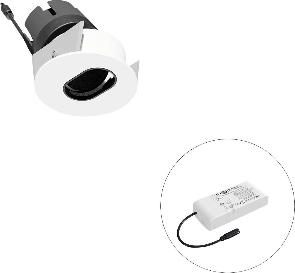 Eingelassene LED-Einbauleuchte mit separatem Treiber, dargestellt mit der Leuchte und dem Netzteil in der Vergrößerung.