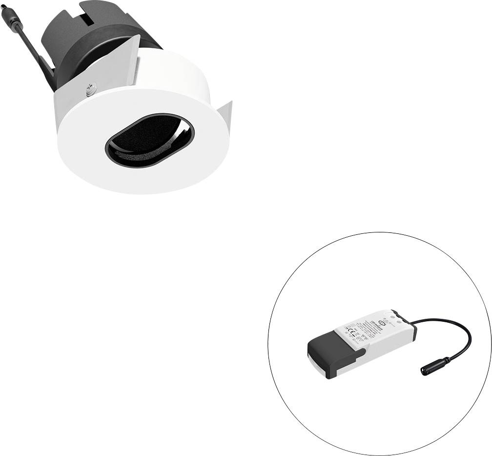 Bündige LED-Einbauleuchte mit separatem Treiber in einem Ausschnittkreis dargestellt.