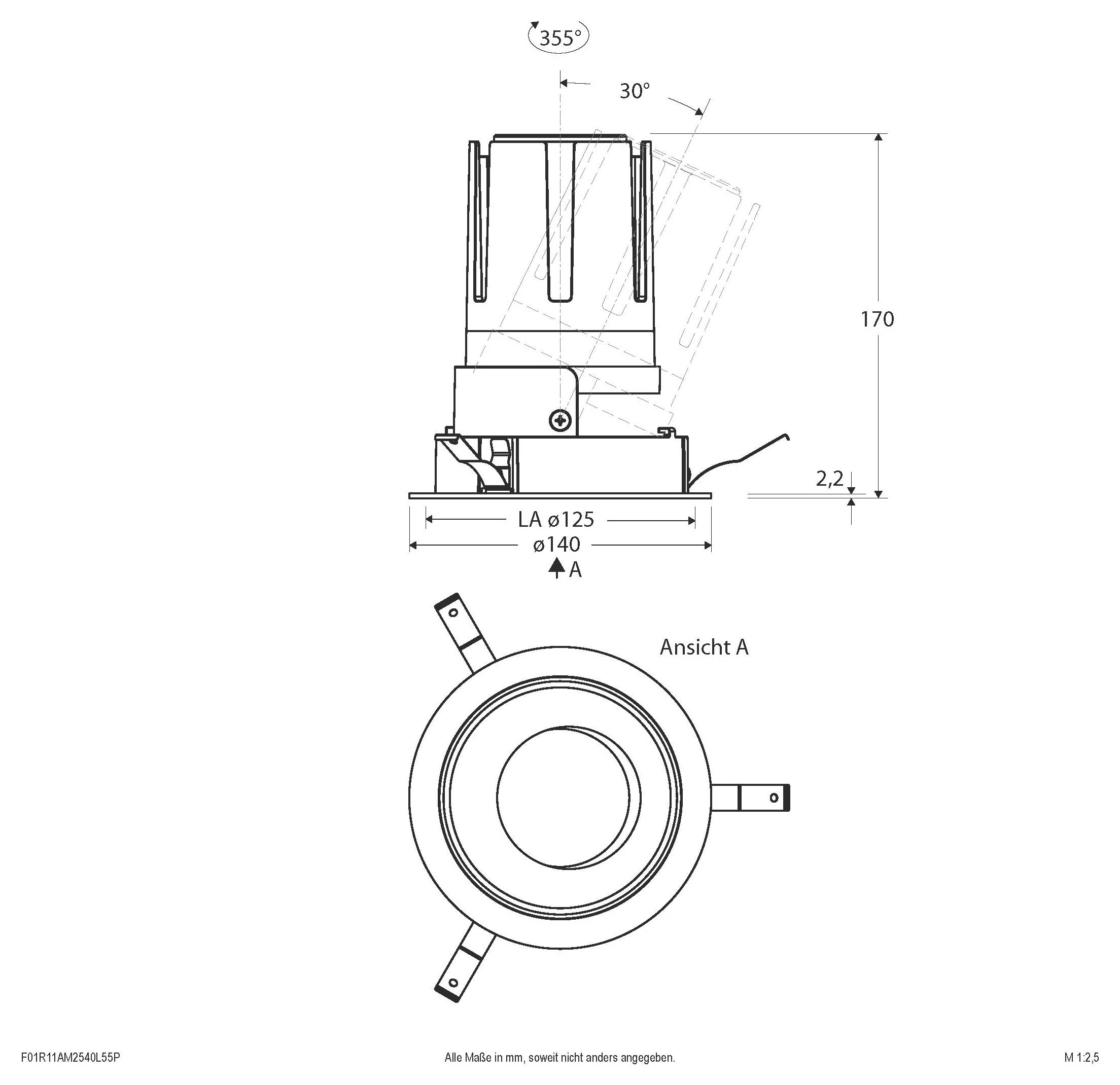 Technische Zeichnung einer kreisförmigen mechanischen Komponente mit Seiten- und Draufsicht, einschließlich Bemaßung mit 355° Rotation, 30° Neigung, 170 Höhe und Durchmesser-Kennzeichnungen 125/140.