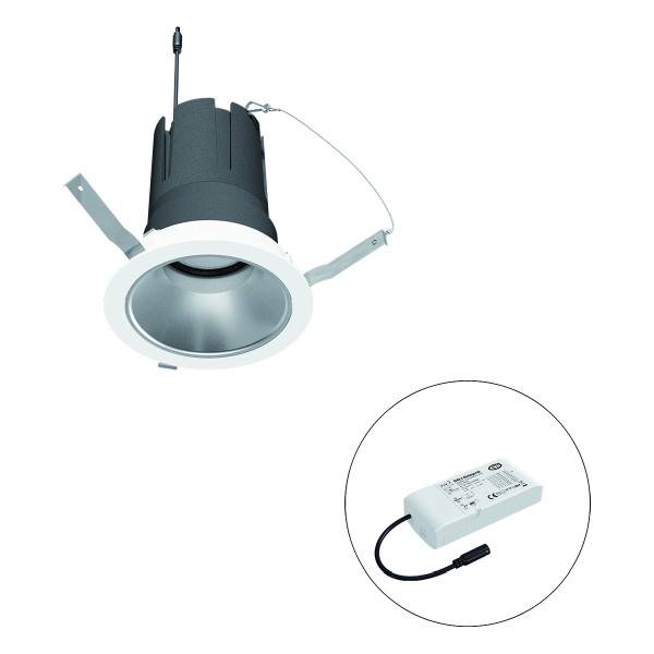 Einbaulicht für Deckenmontage mit rundem Rahmen und LED-Treiber im Kreis daneben. Beleuchtet Räume mit energieeffizientem Design.