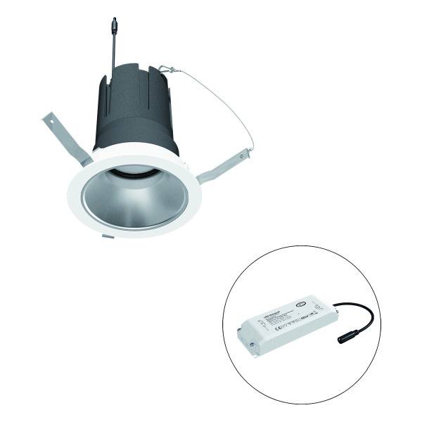 Einbau-LED-Strahler mit rundem Gehäuse und sichtbarem Treiber in einem separaten Kreis unten rechts.