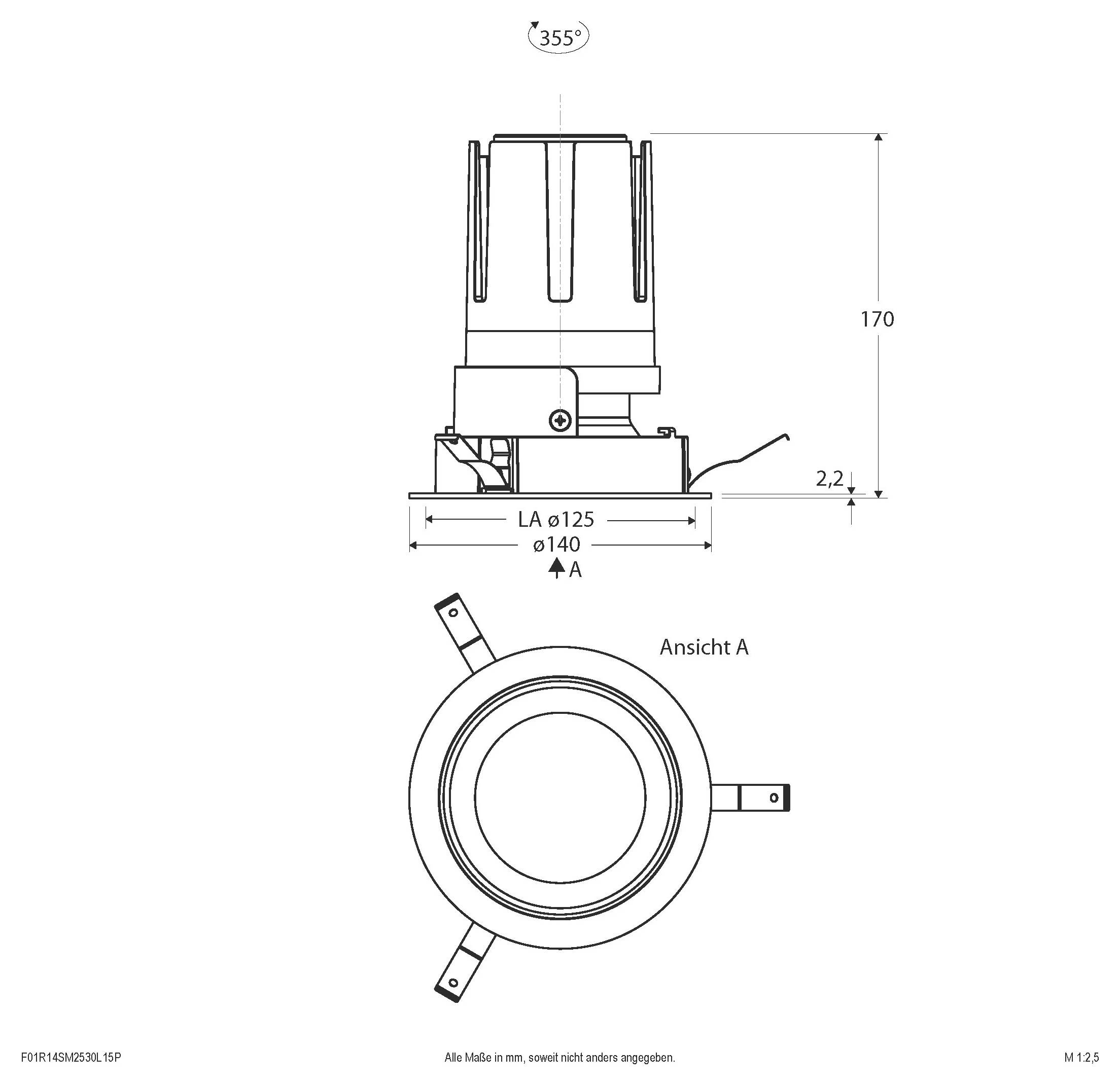 Technische Zeichnung eines kreisförmigen mechanischen Teils mit Vorder- und Draufsicht, mit eingezeichneten Abmessungen 355°, 170, Ø125 und Ø140.