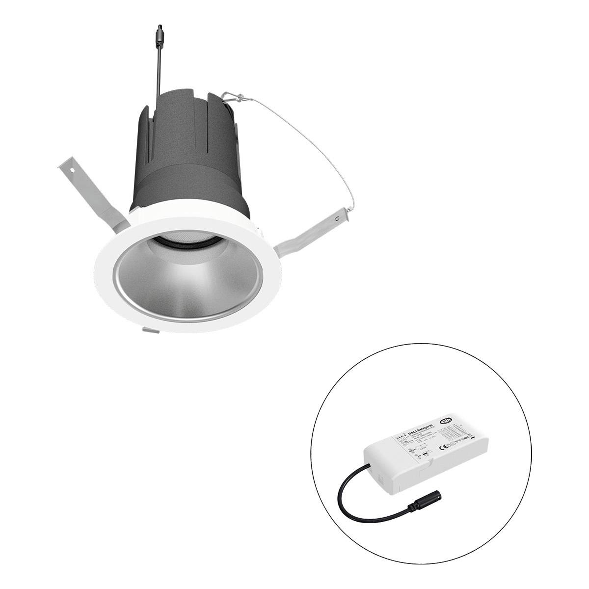 LED-Deckenleuchte mit rundem weißen Rahmen und grauer Fassung, daneben ein separates, weißes Netzteil mit Kabel.