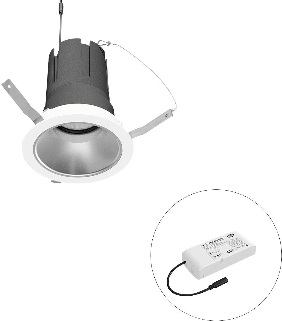 Eingelassene LED-Downlight mit Federclips und angebautem Treiber, gezeigt in einem Insetkreis auf weißem Hintergrund.