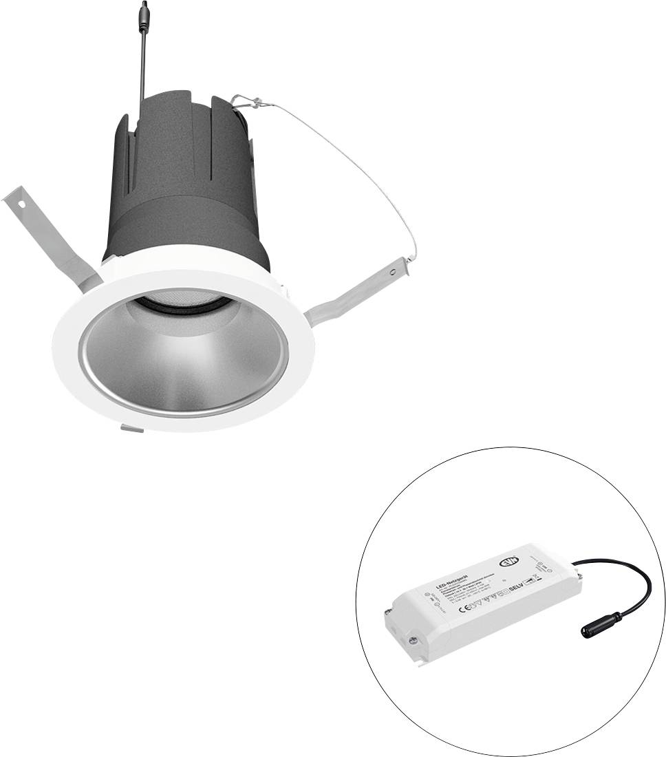 Einbau-LED-Downlight mit Federklemmen und externem Netzteil, dargestellt in einem Inset-Kreis.