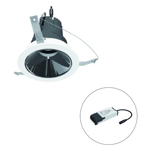 Einbau-Downlight mit zylindrischem Gehäuse und rundem Rahmen. Enthält separate elektrische Treibereinheit. Ideal für Deckenbeleuchtung.