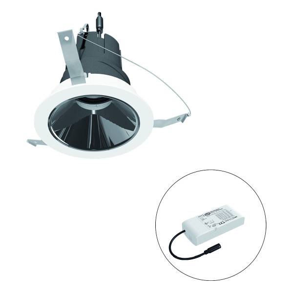 Runder LED-Strahler mit silbernem Innenreflektor und externem Treiber. Geeignet für Deckenmontage.