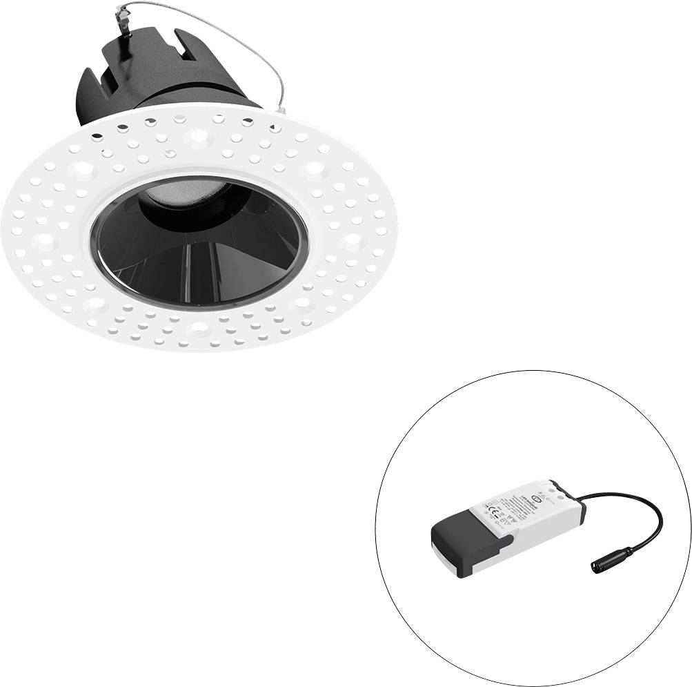 LED-Downlight mit schwarzem Innenreflektor und externem Treiber, geeignet für Deckenmontage, modernes Design.