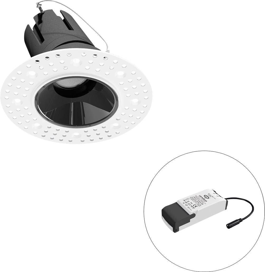 Eingelassene LED-Einbauleuchte mit weiß perforiertem Rahmen, dargestellt mit separatem Treiber/Netzteil in einem Kreis eingeblendet.