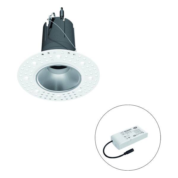 Einbau-Downlight mit rundem, perforiertem Rahmen und silbernem Reflektor. Daneben ist ein weißes Vorschaltgerät abgebildet.