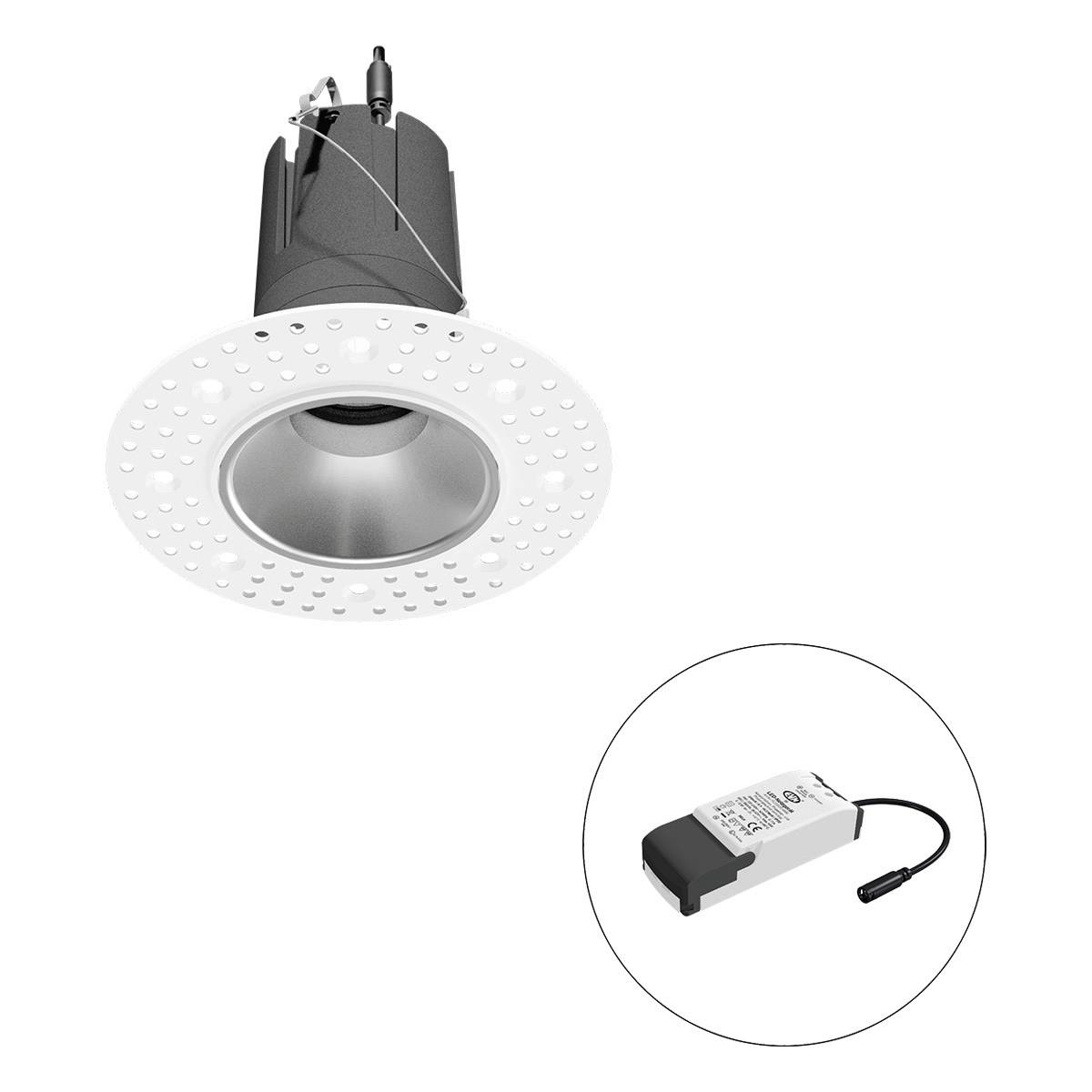 Einbauleuchte mit rundem, weißem Rahmen und integriertem Treiber in separatem Kreis dargestellt. Ideal für Innenbeleuchtung.