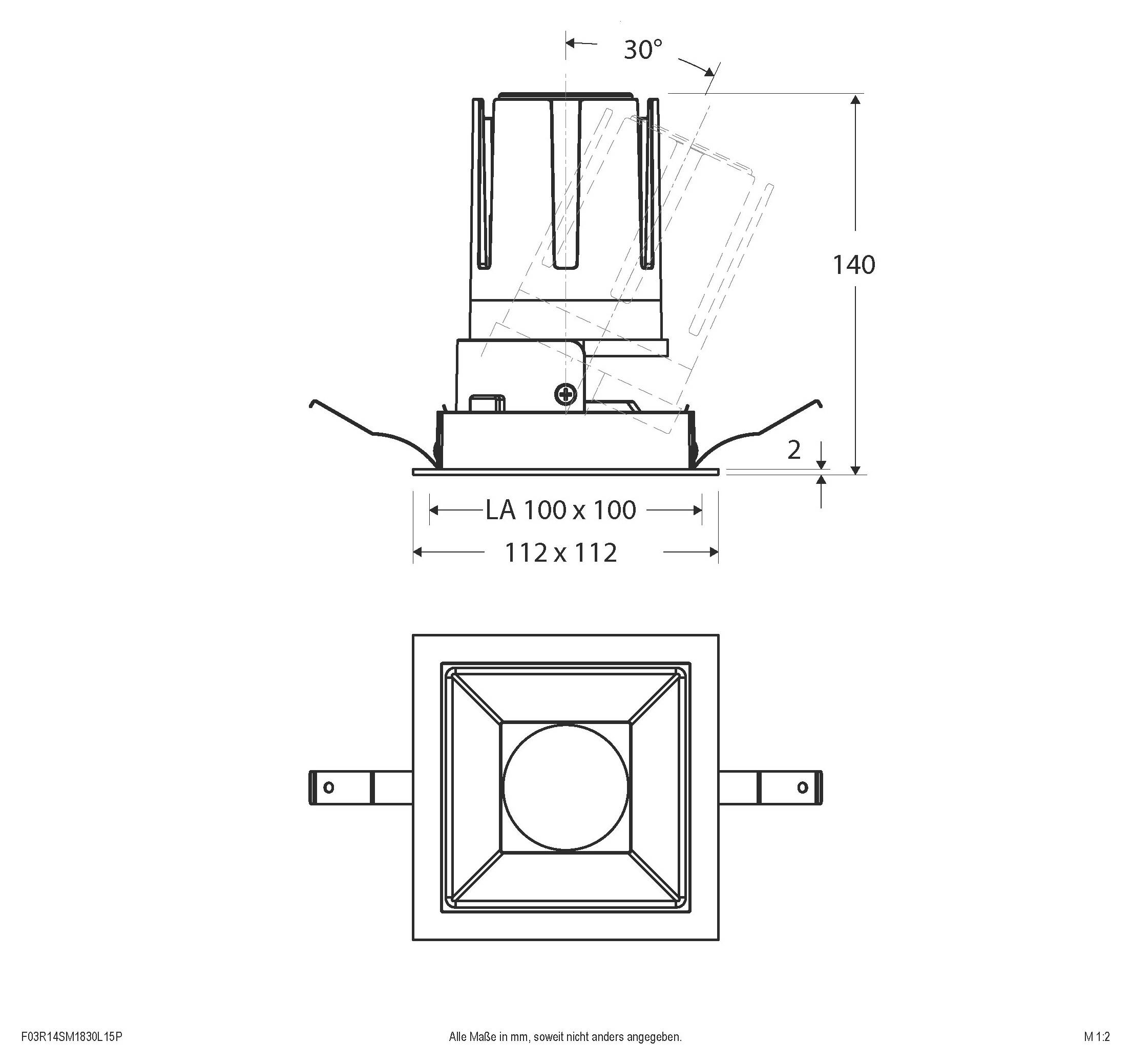 Technische Zeichnung einer runden Montagebaugruppe mit Seiten- und Draufsicht sowie Abmessungen: 355° Rotation, 30° Neigung, 95 mm Höhe, Ø105 und LA Ø90, gekennzeichnet als „Ansicht A