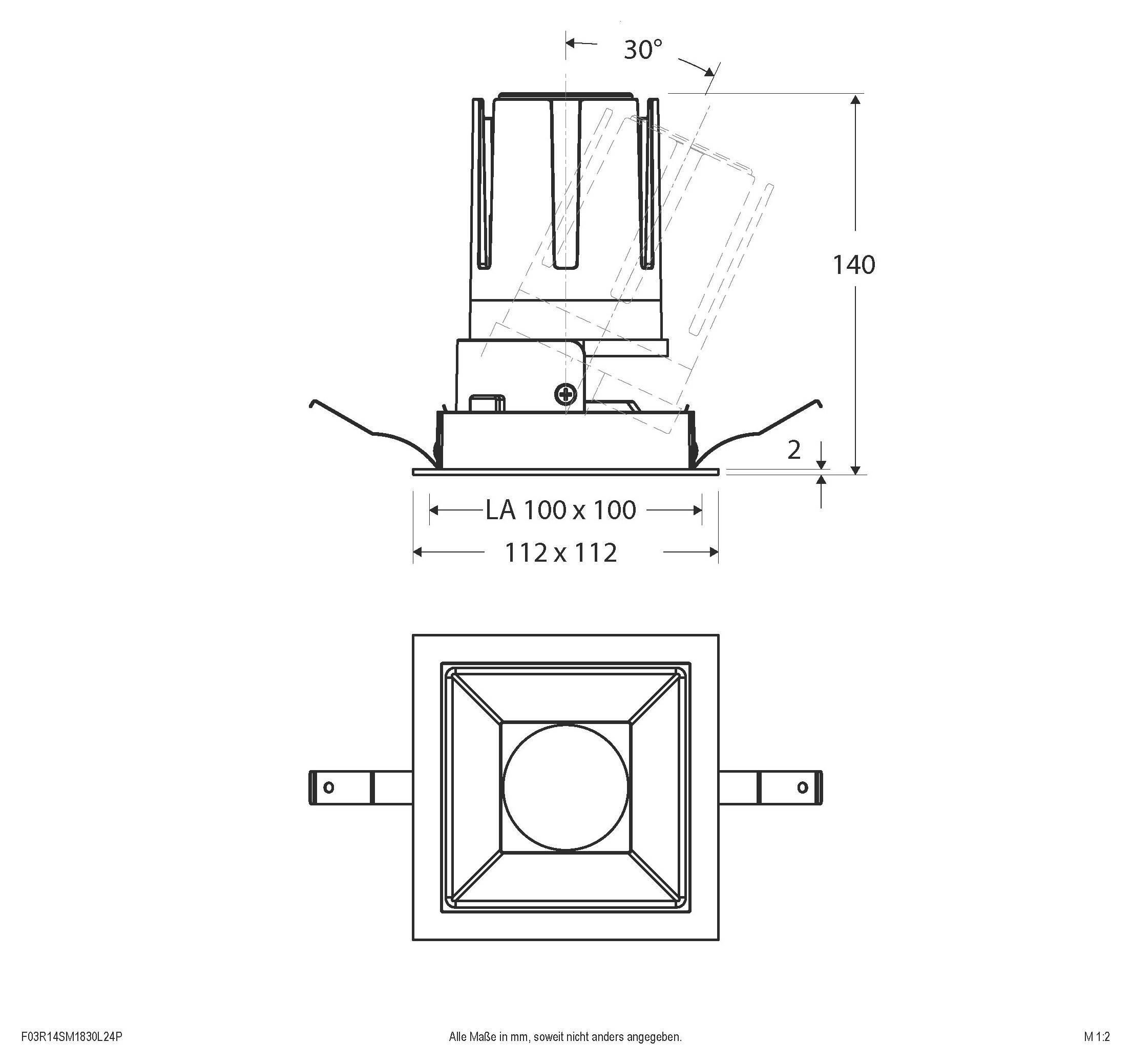 Technische Zeichnung einer quadratischen Leuchtenarmatur mit Grundabmessungen 112 x 112 mm, Höhe 140 mm, 30° Neigung und Draufsicht mit Befestigungsklammerng