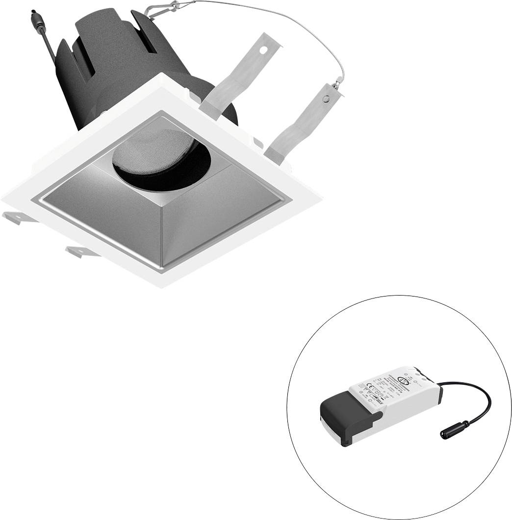 Quadratisches Deckeneinbaulicht mit Blende und Federklammern, dargestellt mit separatem LED-Treiber in einem eingefügten Kreis.