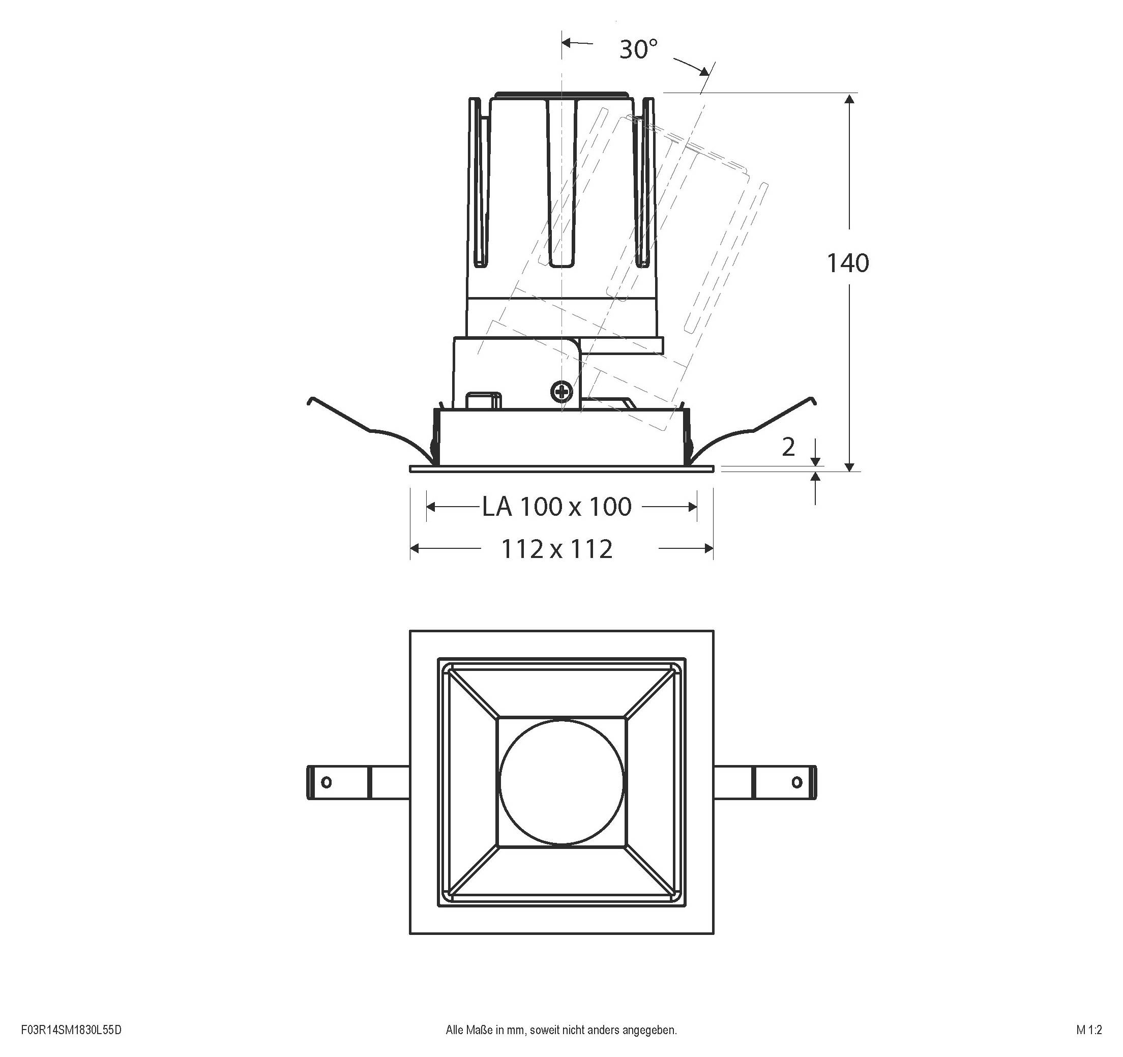 Technische Zeichnung einer quadratischen Befestigungsmontage, die Seiten- und Draufsicht zeigt, mit Abmessungen 140 mm Höhe, 112 x 112 Basis, 30° Neigung und LA 100 x 100 Abstände.