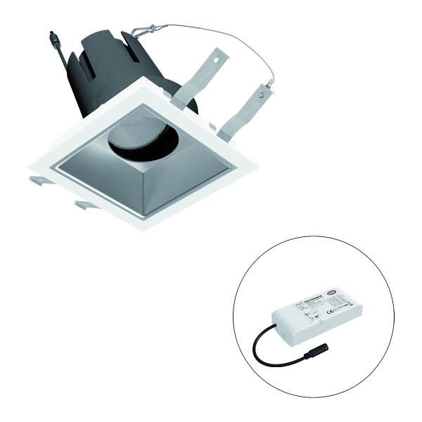 Quadratischer LED-Einbaustrahler mit separatem Transformator. Geeignet für Innenbeleuchtung.