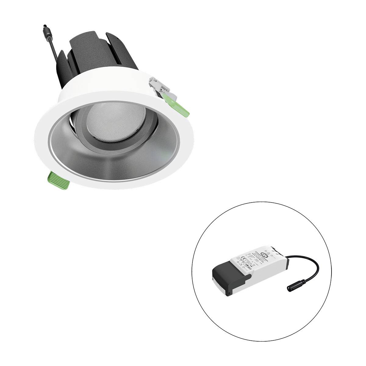 Ein weißer Einbaustrahler mit grünem Clip und schwarzem Gehäuse sowie ein separates, rechteckiges elektronisches Bauteil.