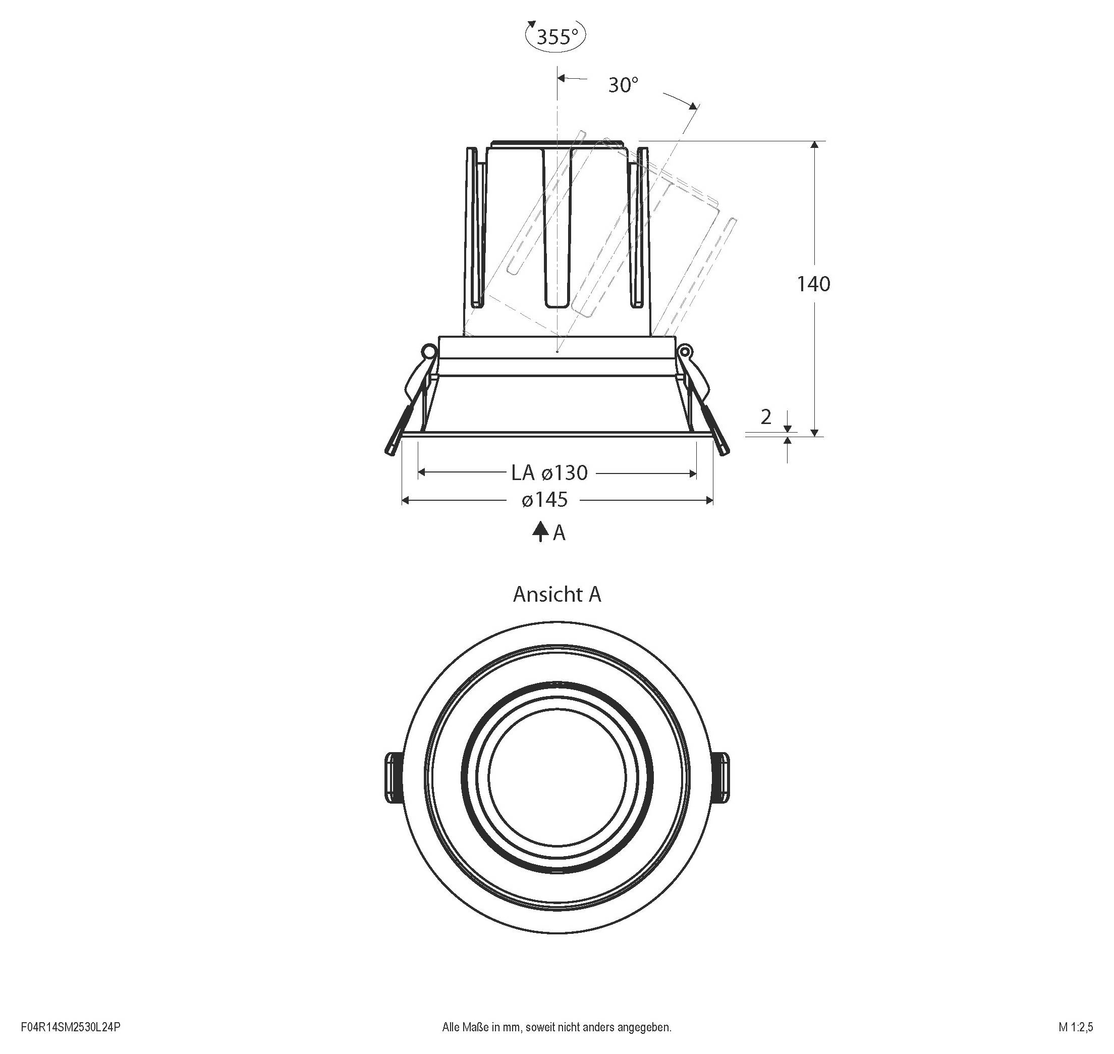 Technische Zeichnung einer kreisförmigen verstellbaren Leuchte mit Seiten- und Frontansicht, mit Abmessungen, 355° Rotation und 30° Neigungsbereich.