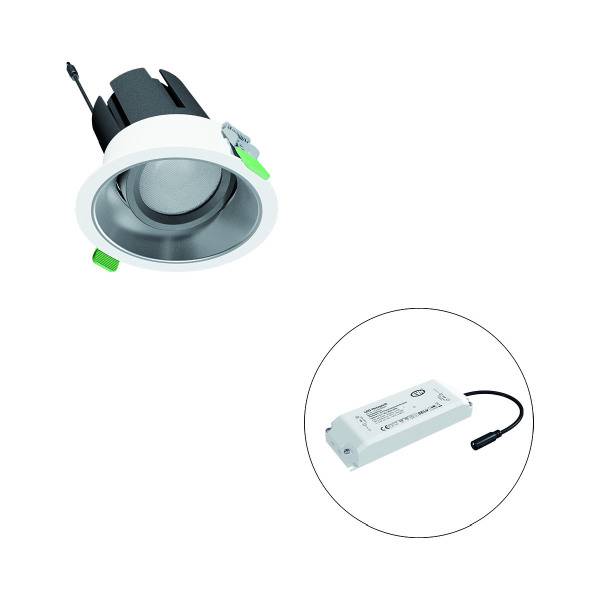 Ein runder LED-Einbaustrahler neben einem rechteckigen LED-Konverter. Der Strahler hat einen weißen Rahmen und eine silberne Innenseite.