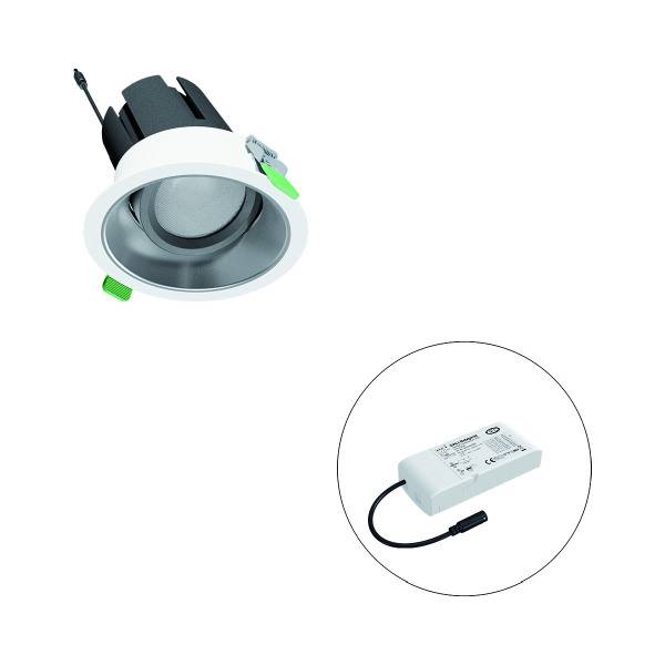 Ein weißer, eingelassener LED-Downlight mit schwarzem Gehäuse und grünen Akzenten sowie ein rechteckiger LED-Treiber sind abgebildet.