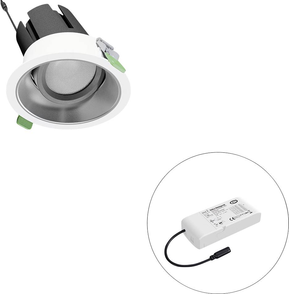 Weiße, bündige LED-Einbauleuchte mit Federklammern, dargestellt neben einem separaten rechteckigen Treiber mit Kabelstecker.