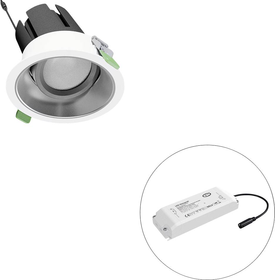 Eingebauter LED-Einbaustrahler mit separatem Treibmodul, dargestellt in einem Kreisausschnitt.