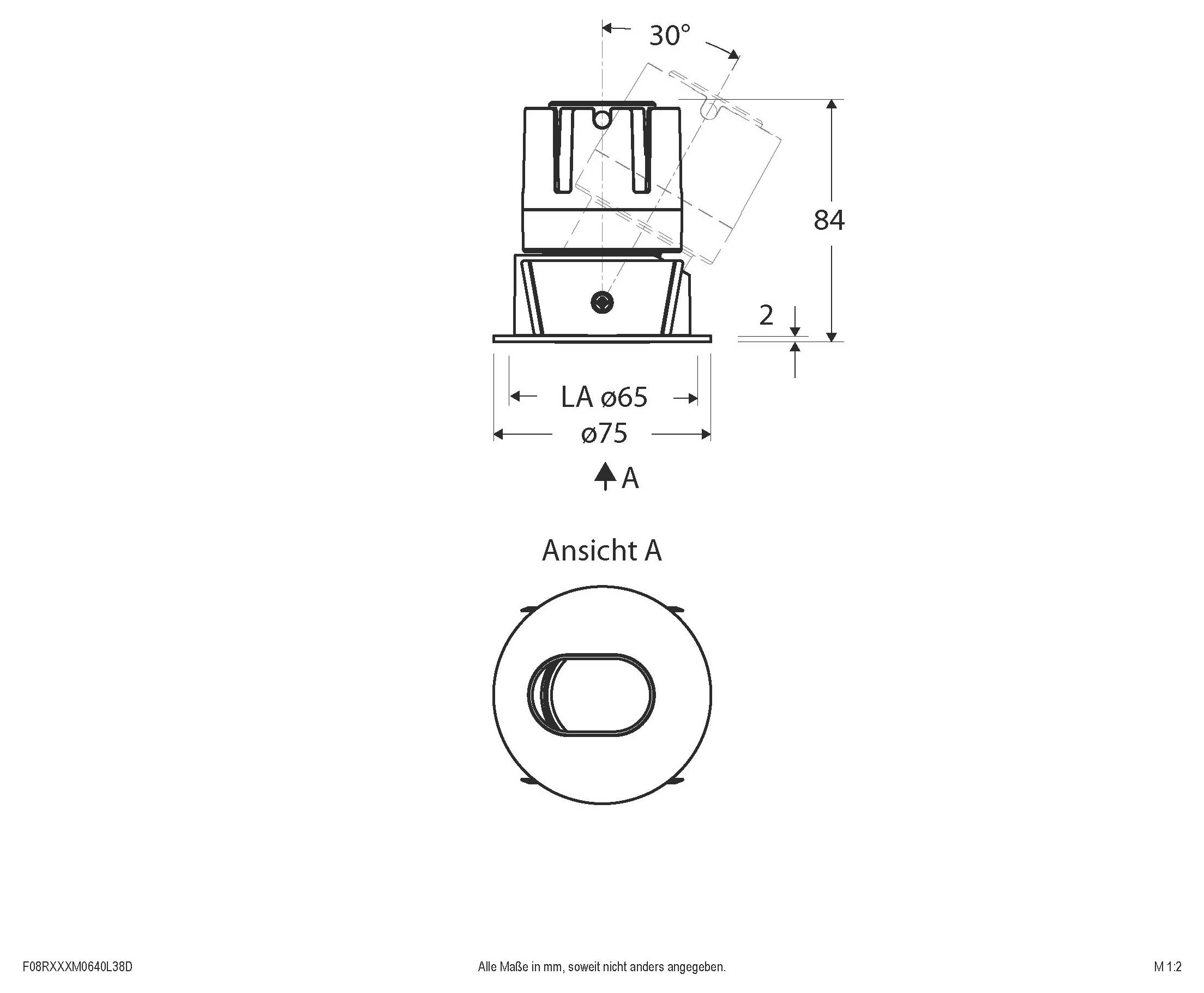 Technische Maßzeichnung einer kreisförmigen, eingelassenen Leuchte mit verstellbarem Winkel 30° und 355° Rotation, zeigt Vorder- und Draufsicht sowie Abmessungen ø92/104 mm, Höhe 95 mm.