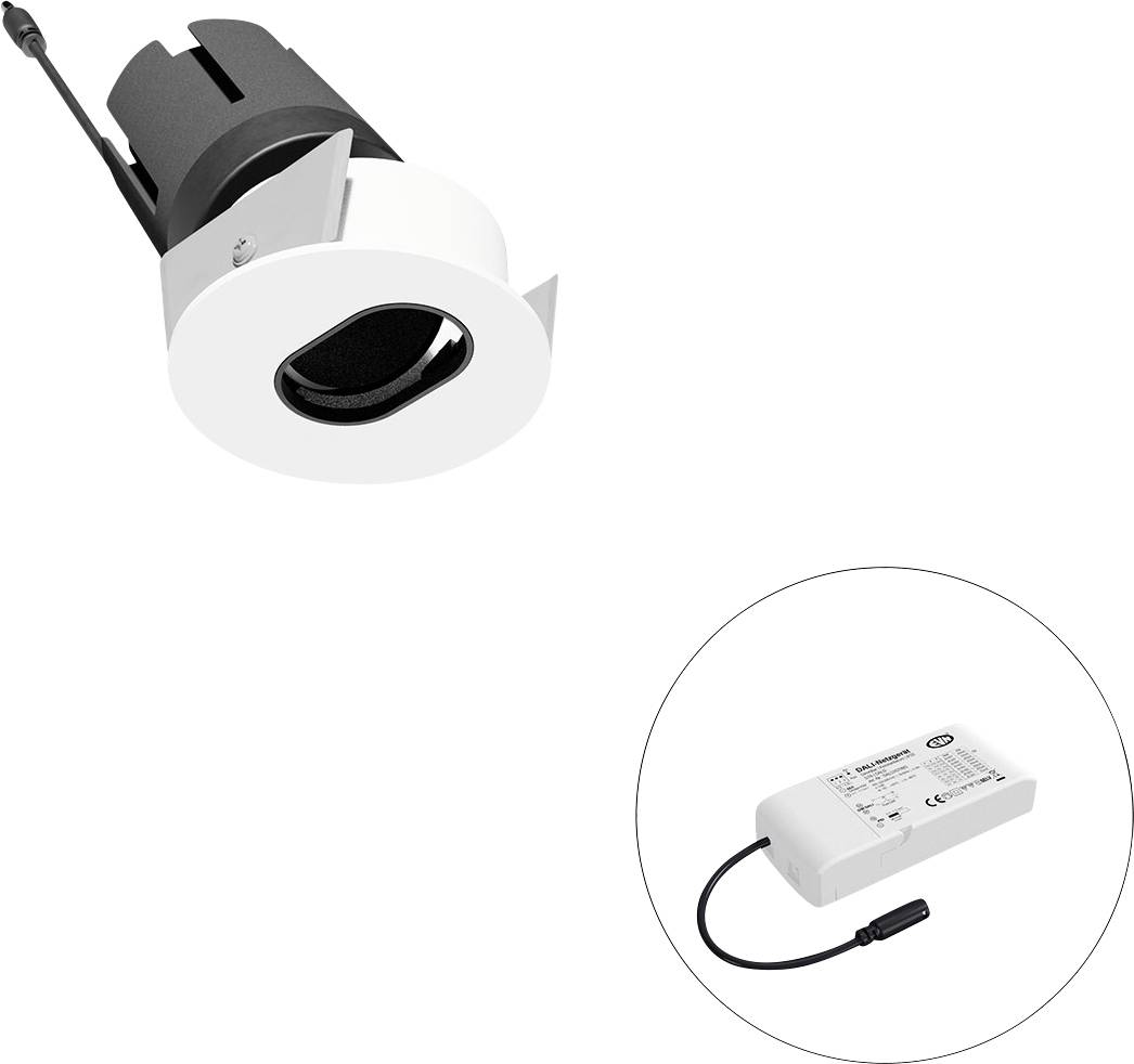 Eingebauter LED-Deckeneinbauleuchte mit separatem LED-Treiber, dargestellt als Produktpaar auf weißem Hintergrund.