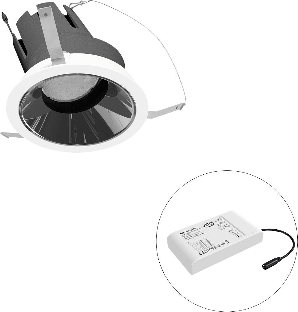 Eingebauter LED-Downlight mit kreisförmigem Reflektor und separatem Treiber/Netzteil wie in der Vergrößerung dargestellt.