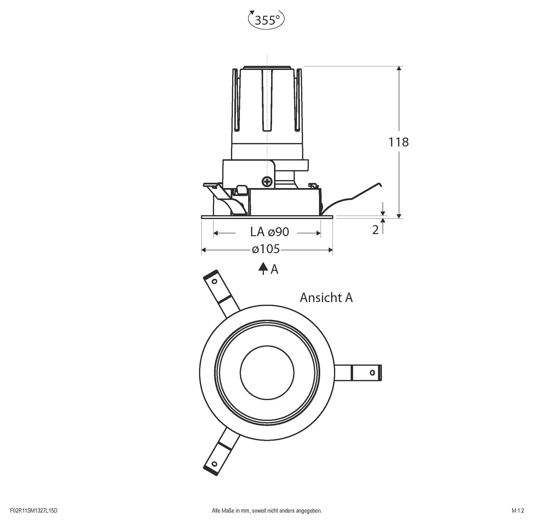 Technische Maßzeichnung eines kreisförmigen mechanischen Bauteils, das Seiten- und Draufsichten mit 355° Drehung, 118 mm Höhe und 90/105 mm Durchmessern zeigt.