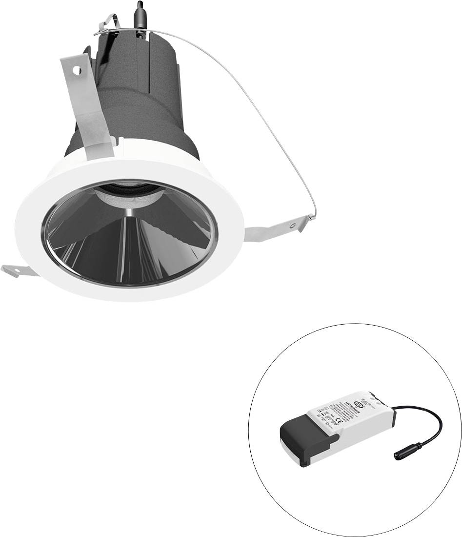 Eingelassene Deckeneinbauleuchte mit weißem Rand und Federclips, dargestellt mit separatem LED-Treibermodul in der Einfassung.