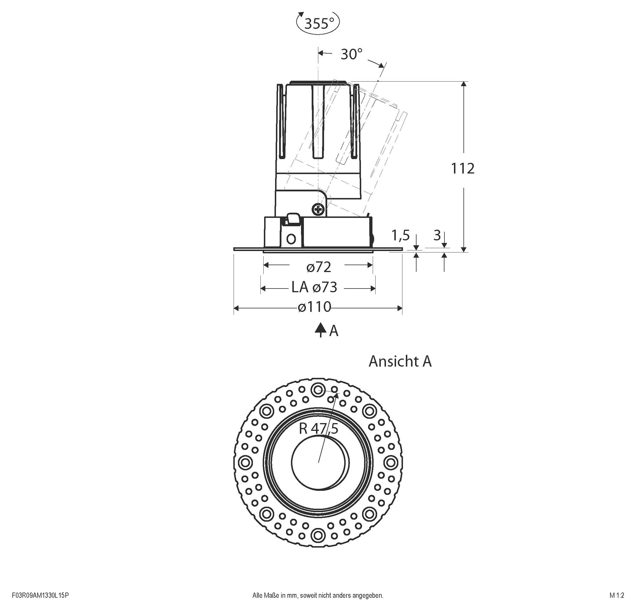 Technische Zeichnung eines kreisförmigen mechanischen Teils mit Seiten- und Vorderansicht mit Abmessungen, Rotationswinkel 355°, Höhe 112 und Durchmessern ø72, LA ø73 und ø110.