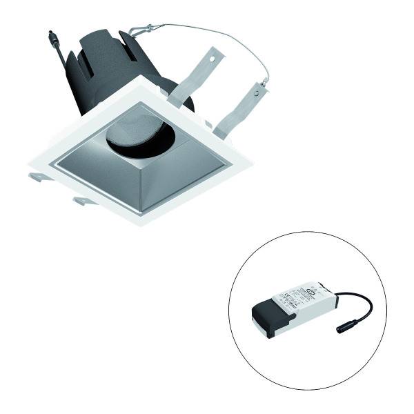 Quadratisches Einbau-LED-Downlight in Schwarz und Silber, mit einem externen Treiber, verbunden durch ein Kabel.