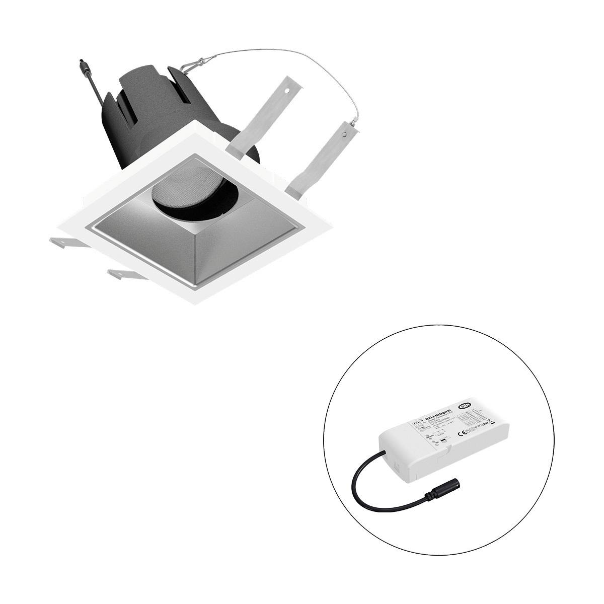Einbaustrahler mit quadratischem Rahmen und separatem Treiber. Geeignet für Deckeninstallation, modernes Design.