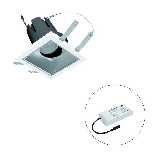 Einbaustrahler mit quadratischem Gehäuse und separatem LED-Treiber, geeignet für Deckenmontage.