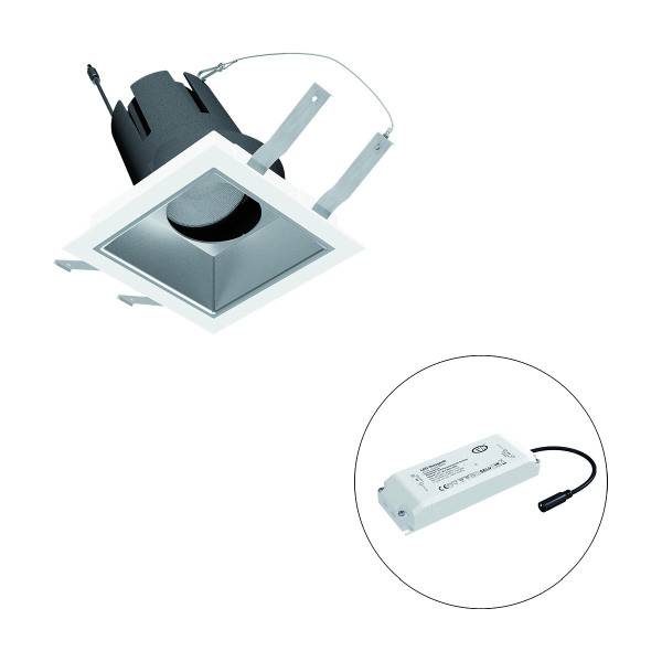 Quadratisches LED-Downlight mit externem Treiber, geeignet für Deckenmontage; modernes Design, energieeffizient.