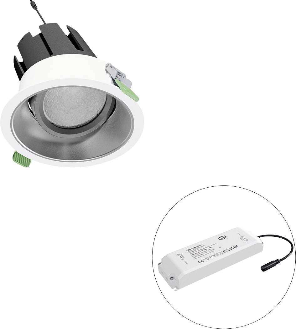 Eingelassene LED-Einbauleuchte mit verstellbaren Klammern und separatem rechteckigem Treiber, gezeigt in einem Insetkreis.