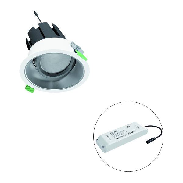 Ein runder LED-Downlight mit Gehäuse und ein separater LED-Treiber. Eignet sich für deckenmontierte Beleuchtungslösungen.