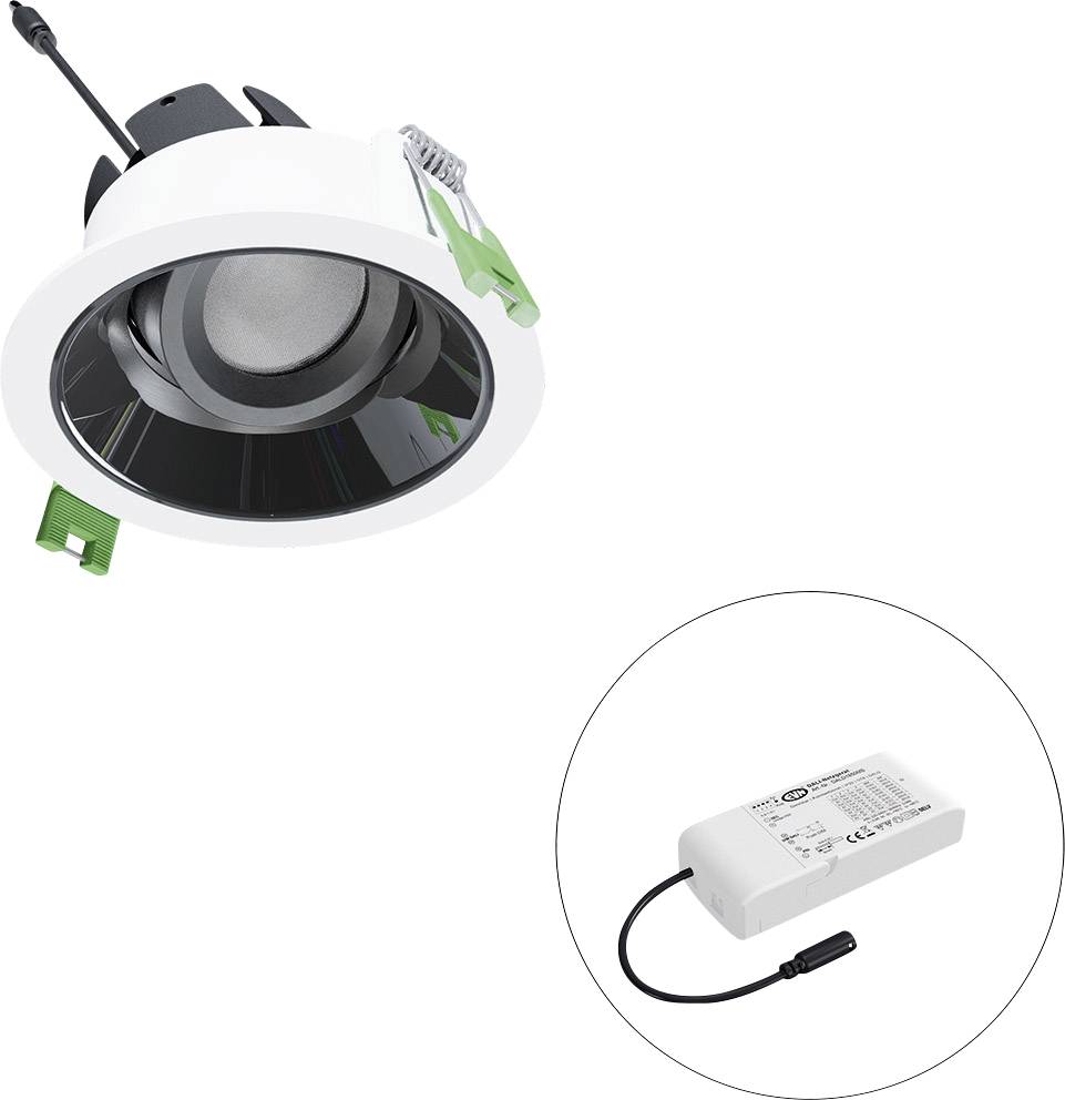 LED-Einbaustrahler mit Montageclips und separates Netzteil/Treiber, dargestellt in einem eingeblendeten Kreis.