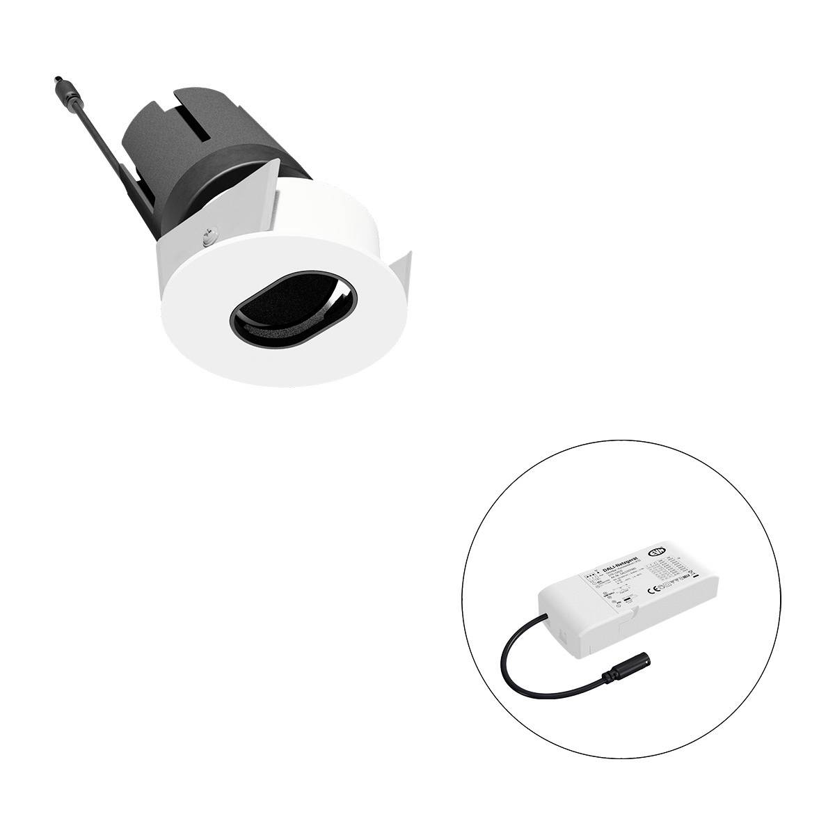 Spotbeleuchtung mit kreisförmigem Design, schwarzem Inneren und weißem Rahmen. In der Ecke ein rechteckiges, beschriftetes Treibermodul.