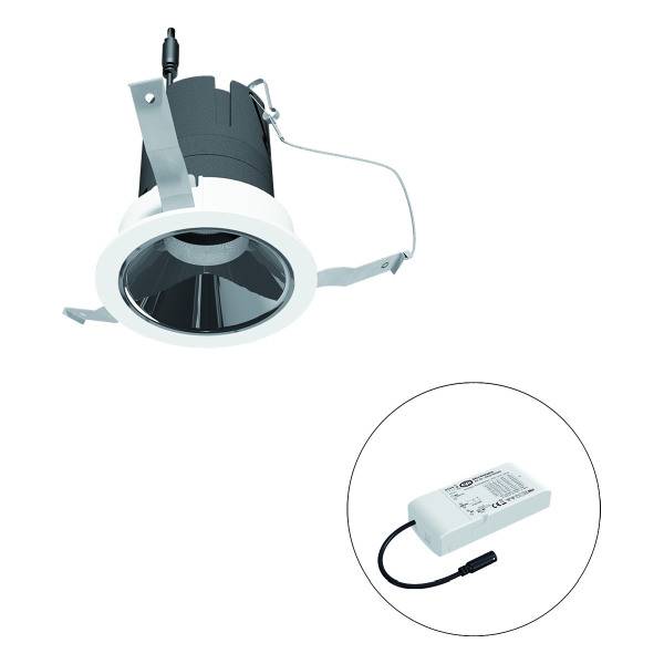 Ein LED-Einbauspot in Weiß mit Halterung, daneben ein kreisförmig hervorgehobenes LED-Treiber-Modul mit Kabelanschluss.