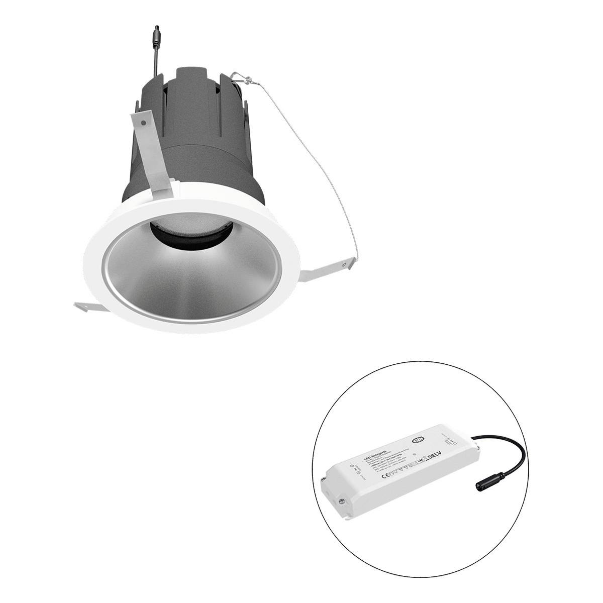 Downlight-Modul und Stromtreiber in separaten Einheiten dargestellt. Das Downlight ist rund mit einem weißen Rahmen, der Treiber ist rechteckig.